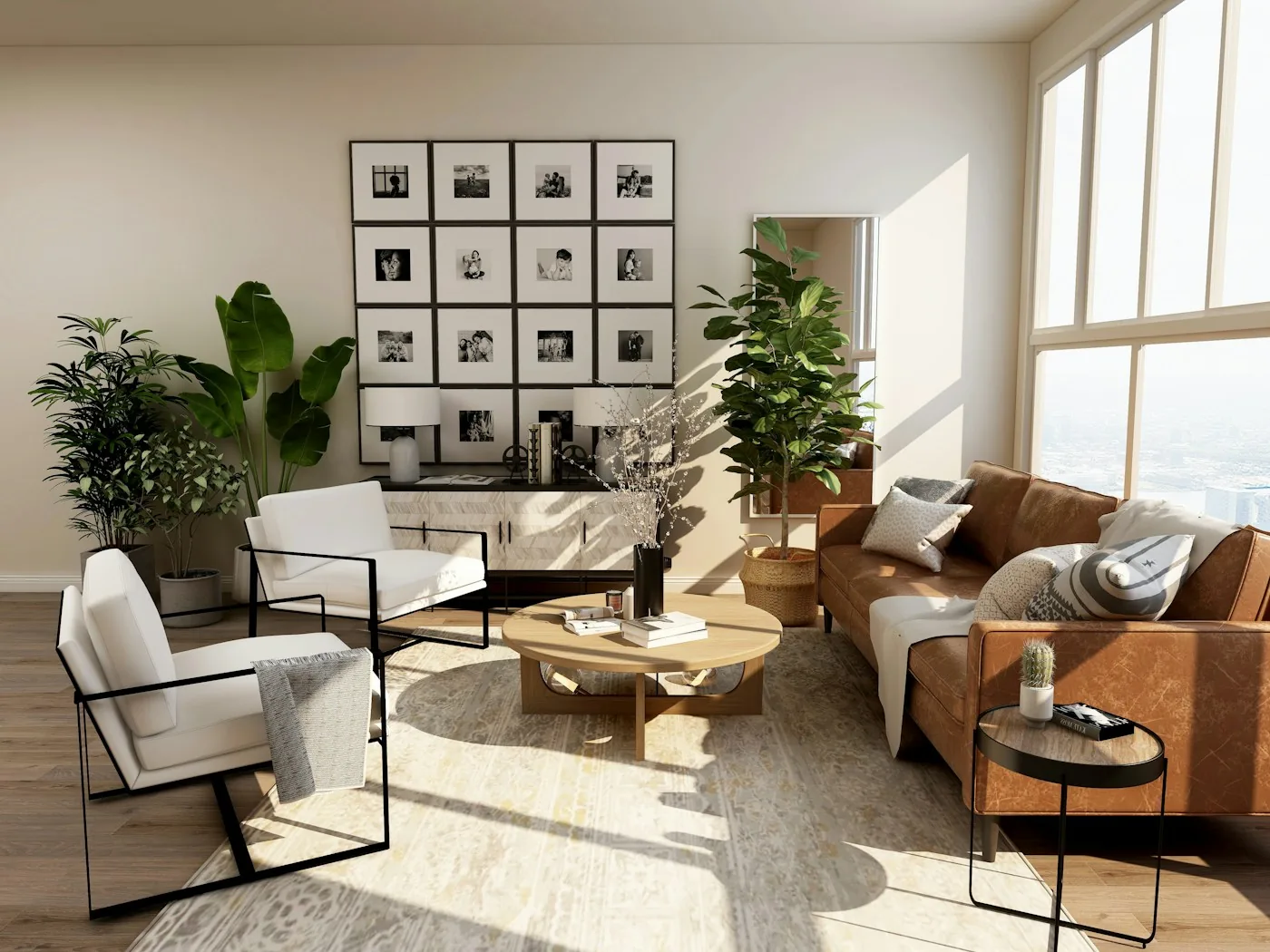 A sunlit living room with natural textures, comfortable seating, and plants