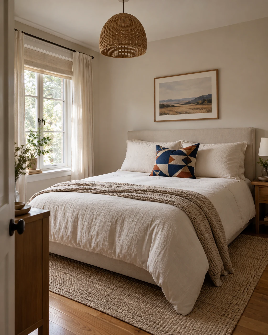 Illustrative concept: give the bed one patterned cushion.