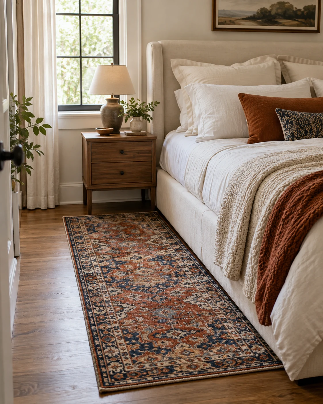 Illustrative concept: try a rug beside one side of the bed.