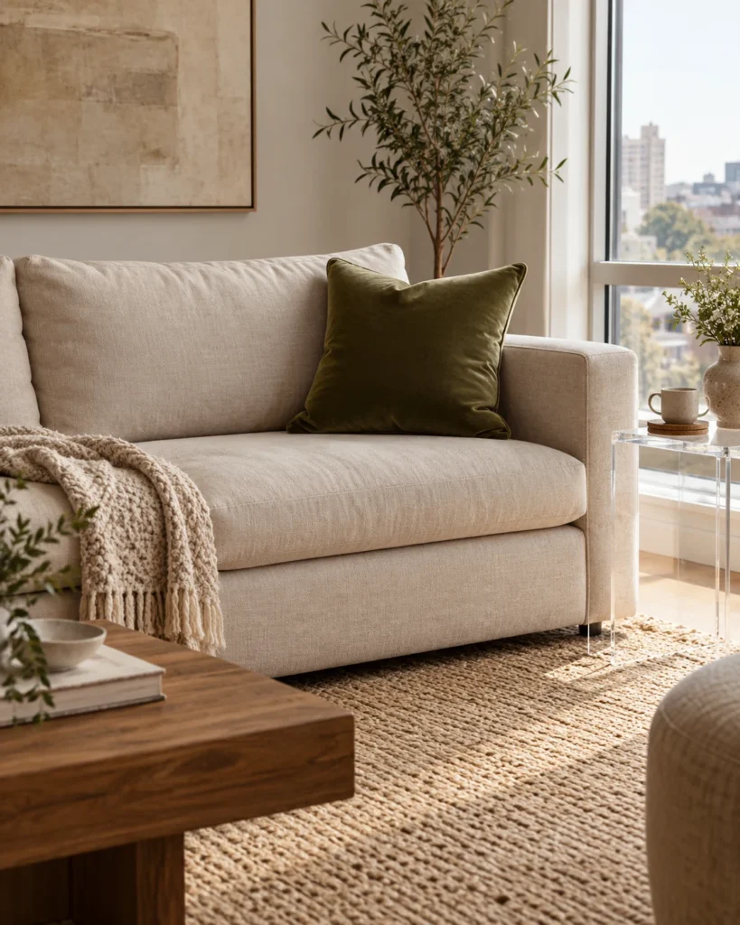 Illustrative concept: start with one olive cushion.