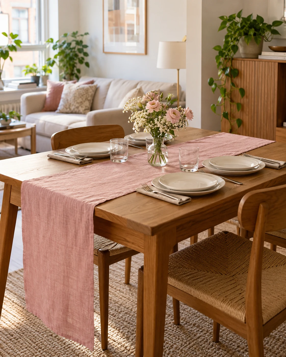 Illustrative concept: give the dining table a pink runner.