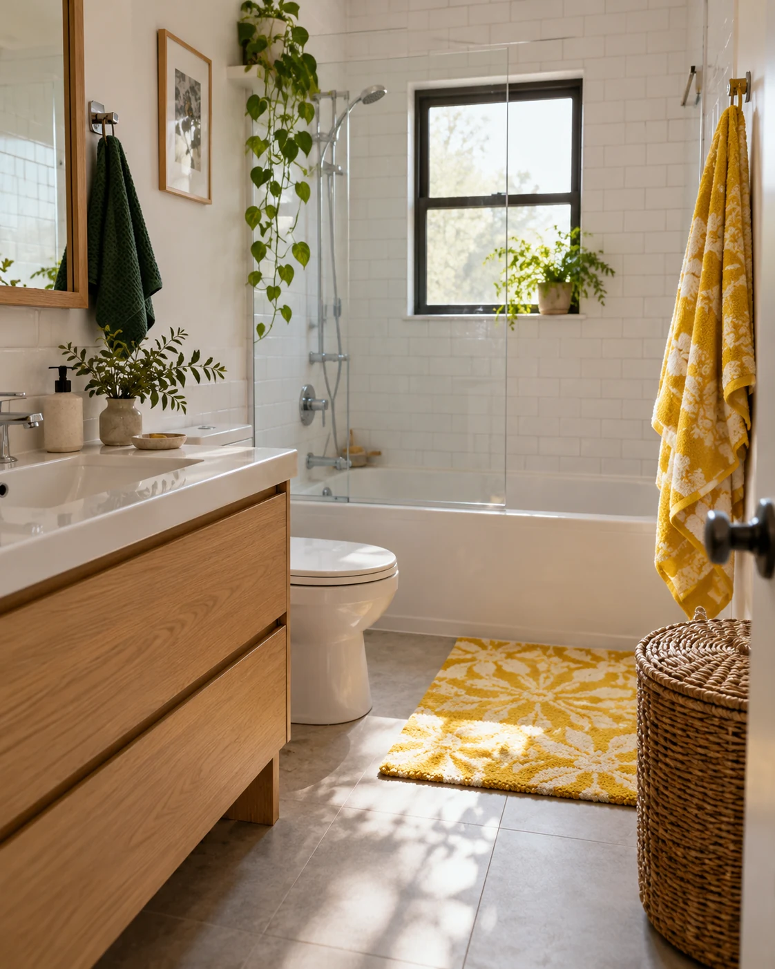 Illustrative concept: use a bright bath textile as a separate zone.