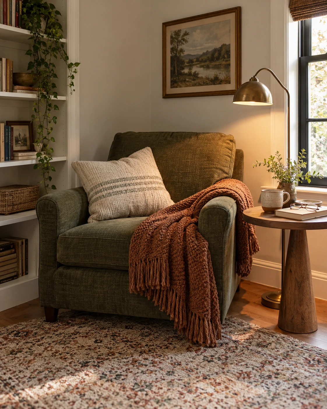 Illustrative concept: use a small corner without crowding the chair.