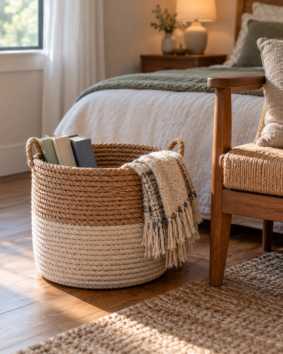 Illustrative concept: keep books in one low basket.