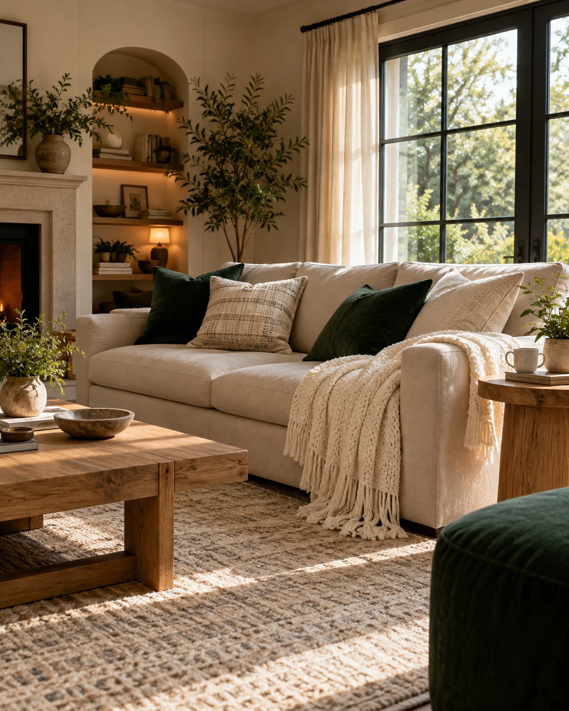 Illustrative concept: forest green and warm white.