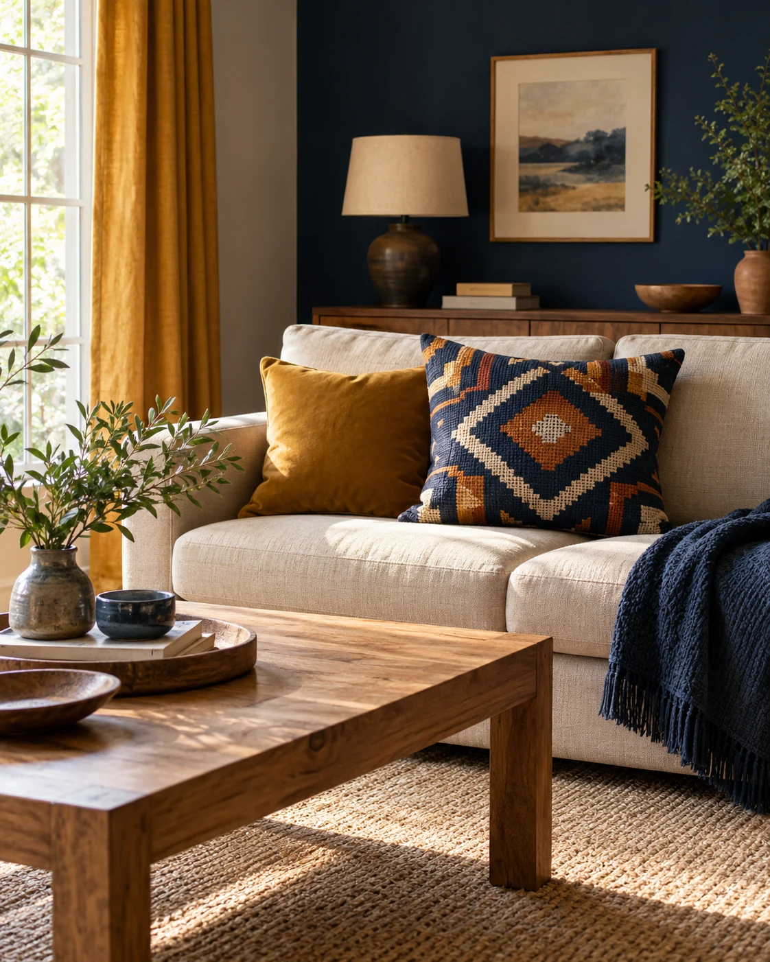 Illustrative concept: navy and ochre with one clear pattern.
