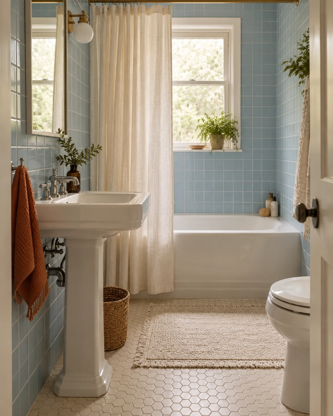 Illustrative bathroom concept: blue tile with a rust towel.