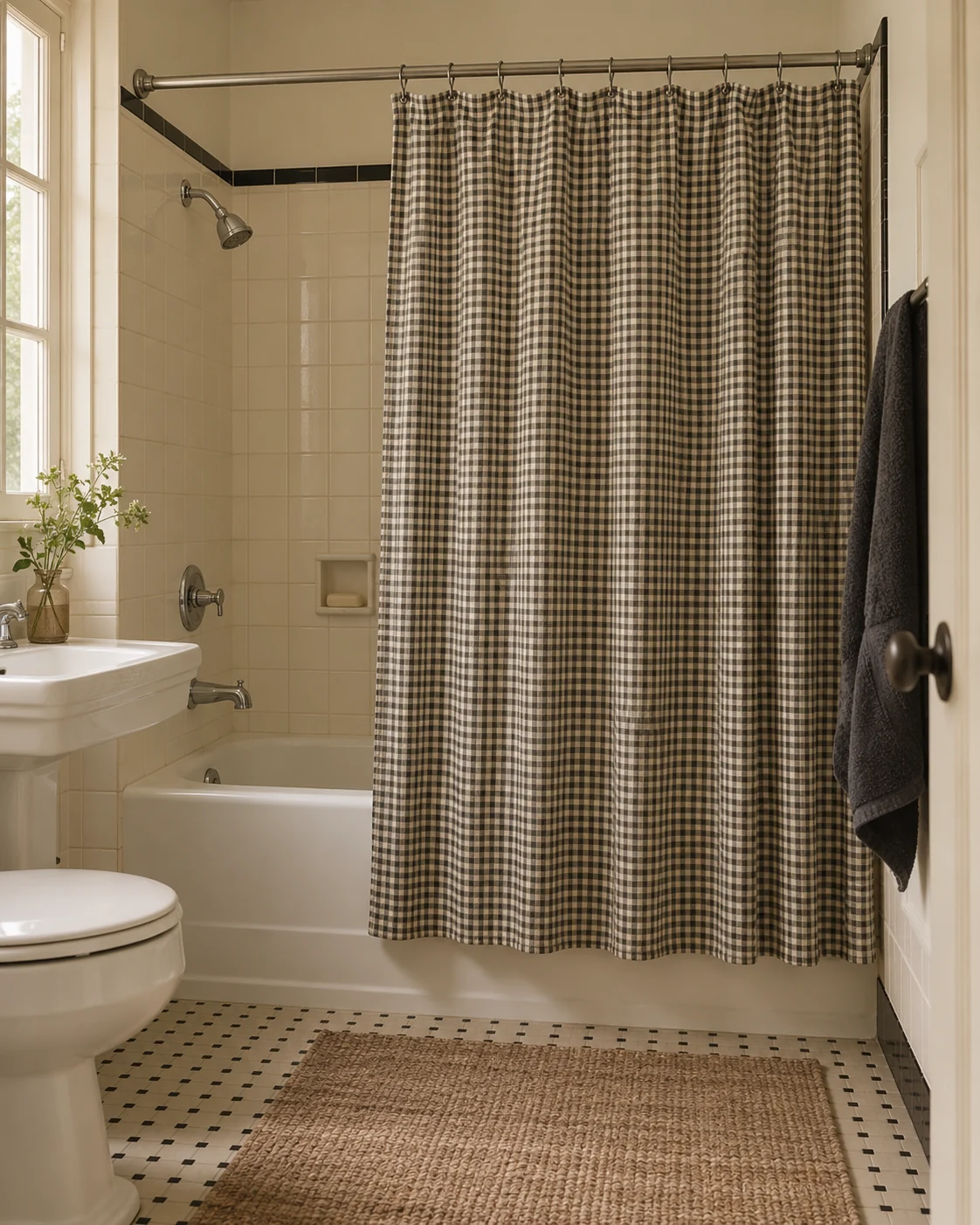 Illustrative bathroom concept: a checked curtain beside plain tile.