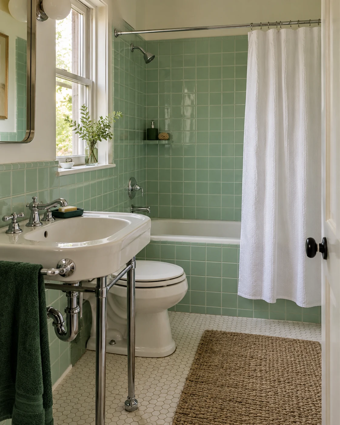 Illustrative bathroom concept: mint tile with a forest green accent.