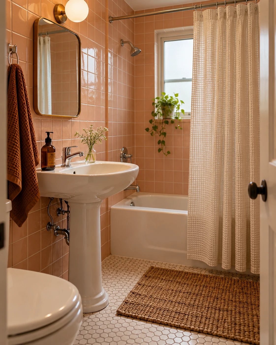 Illustrative bathroom concept: peach tile with cream textiles.
