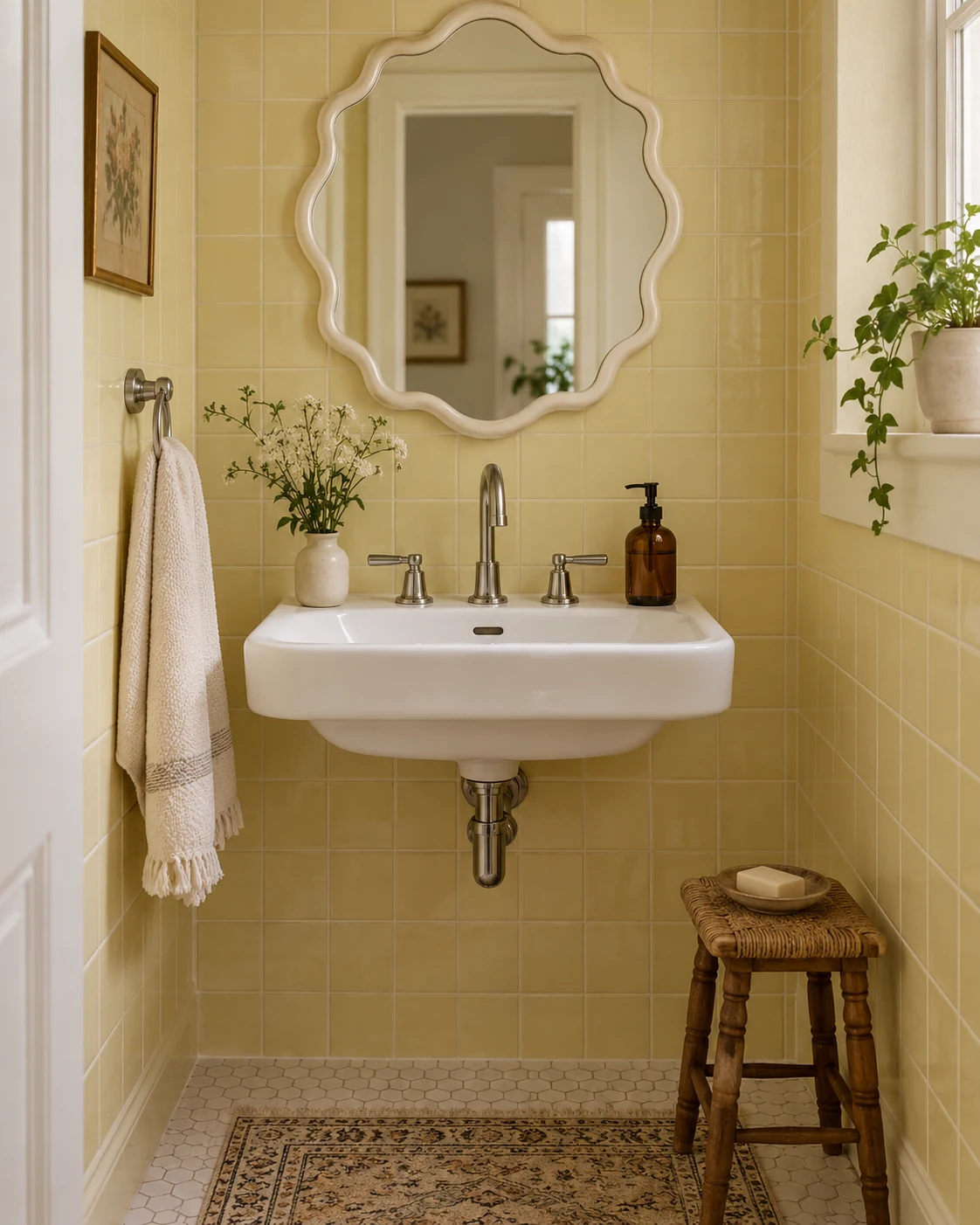 Illustrative bathroom concept: one scalloped detail with quiet surroundings.