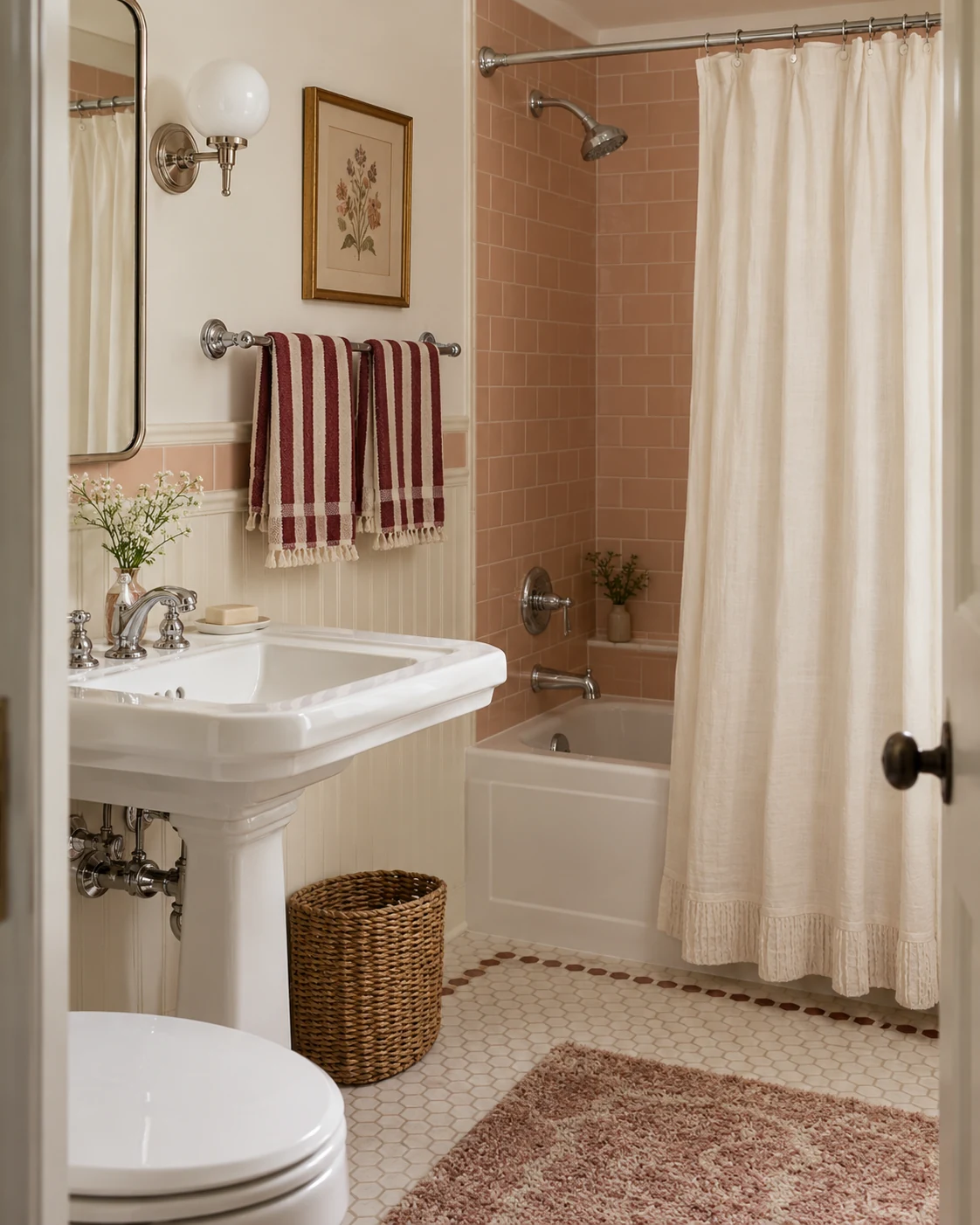Illustrative bathroom concept: stripes without a full room makeover.