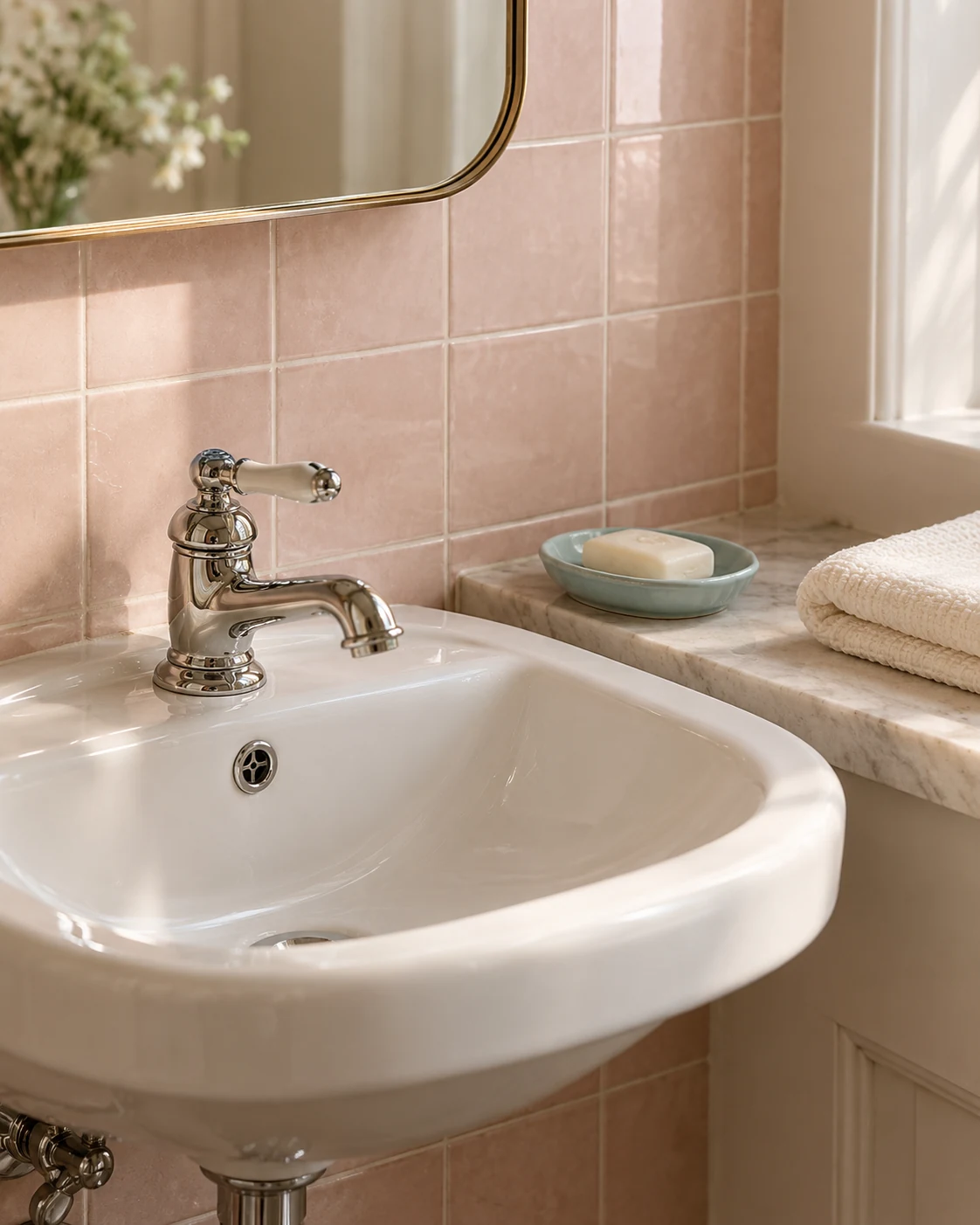 Illustrative bathroom concept: a useful counter with room around it.