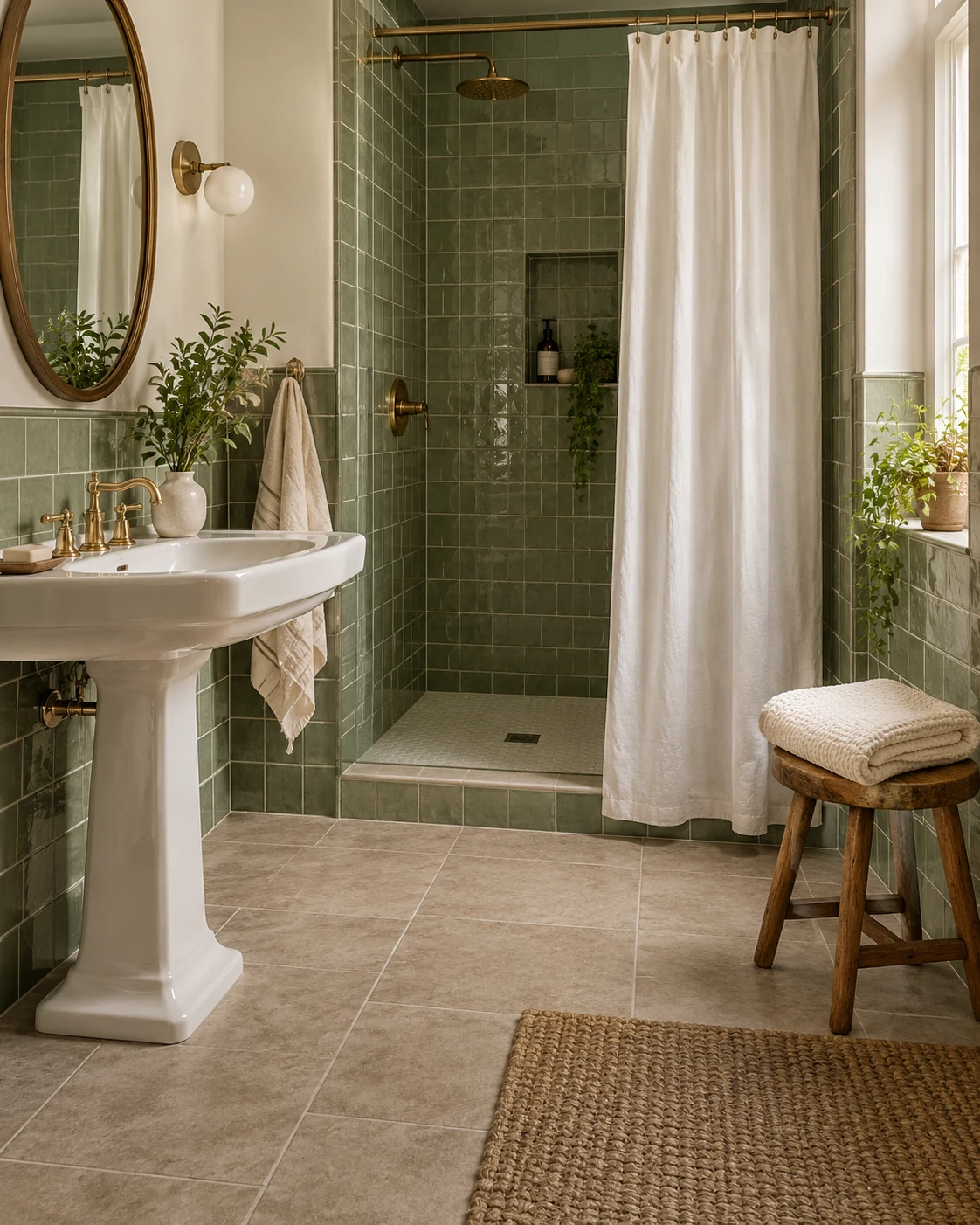 Illustrative bathroom concept: warm wood beside cool green tile.