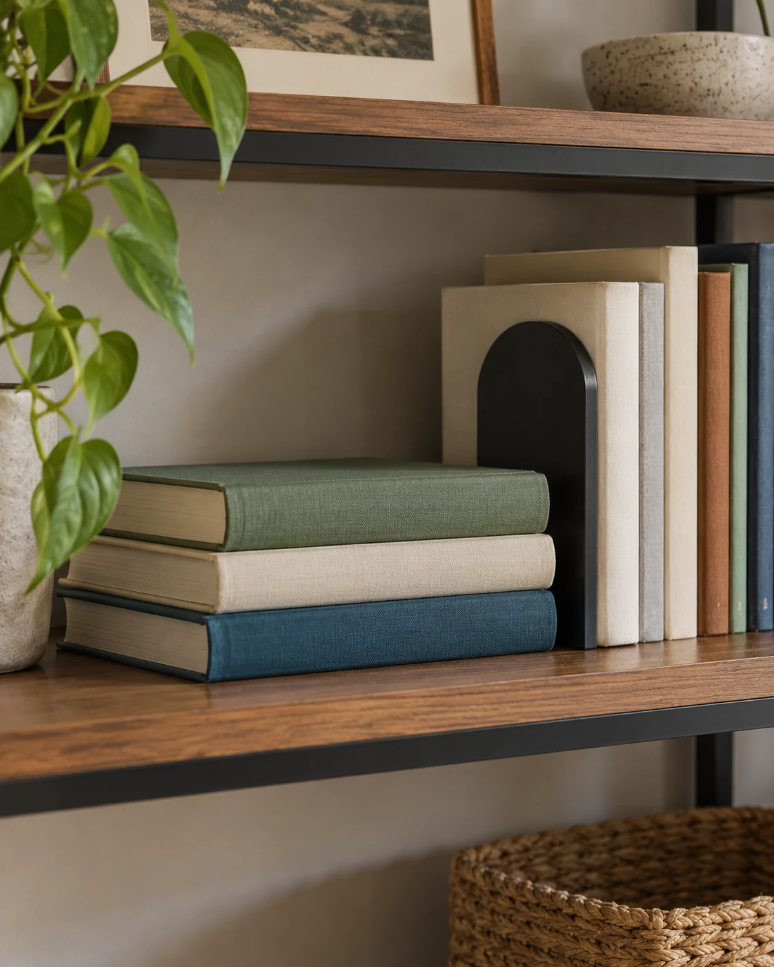 Illustrative concept: one horizontal stack beside upright books.