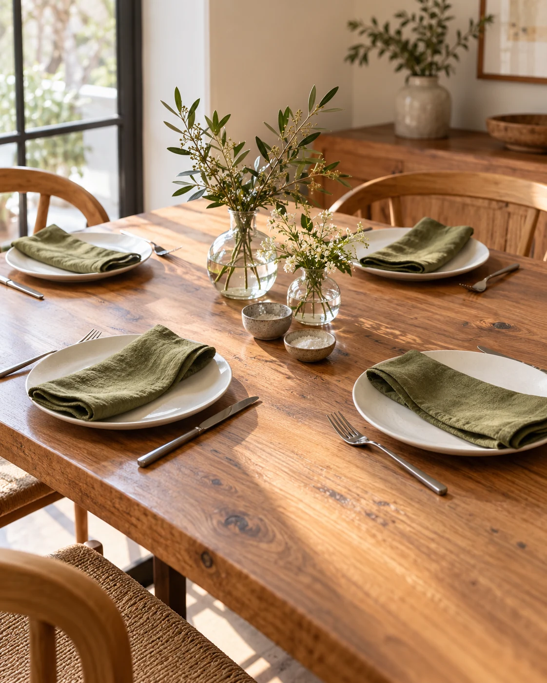 Illustrative concept: olive napkins on an uncovered wood table.