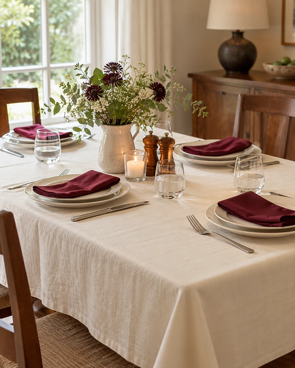 Illustrative concept: cream cloth with burgundy at each place.