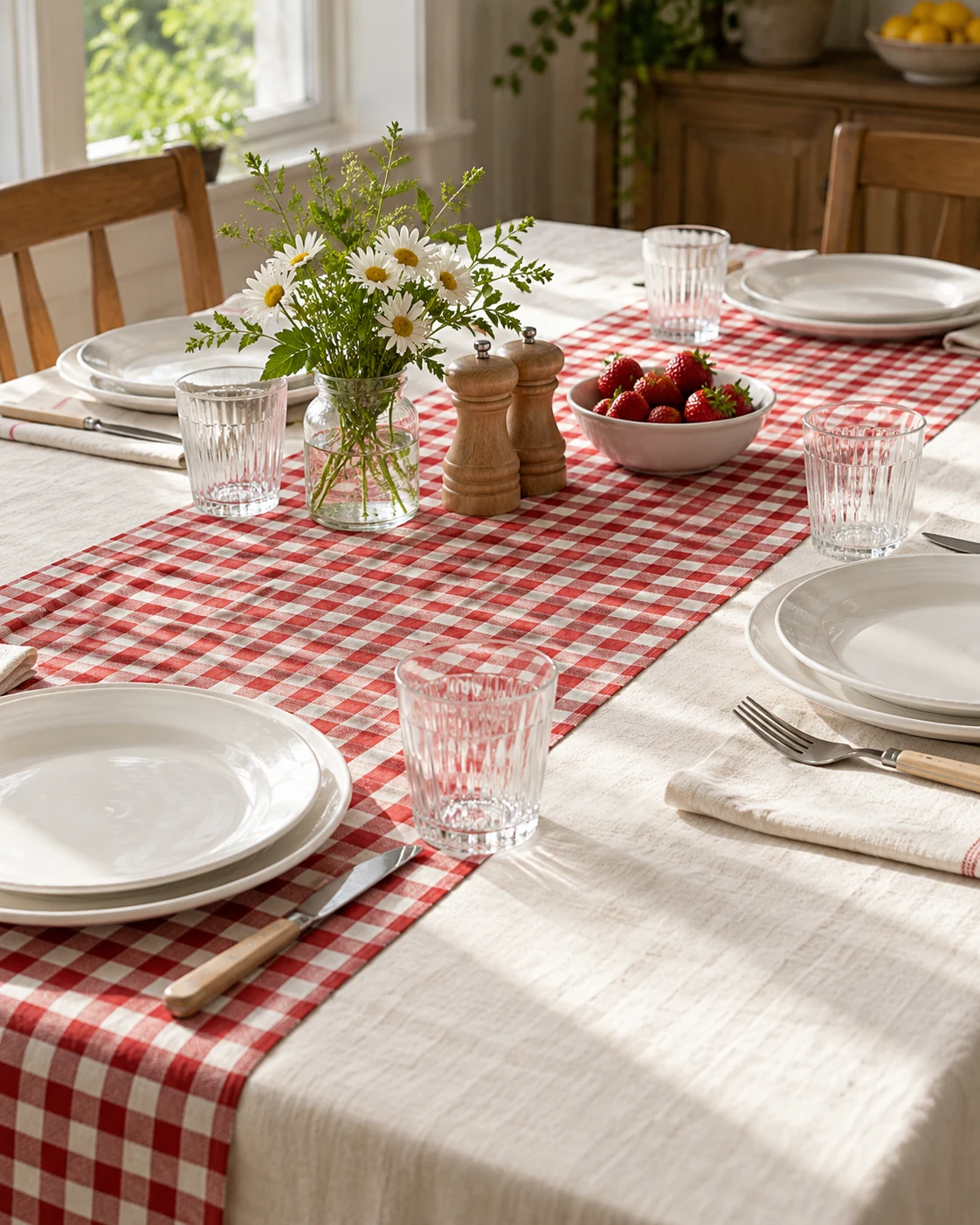 Illustrative concept: red checks with quiet white plates.