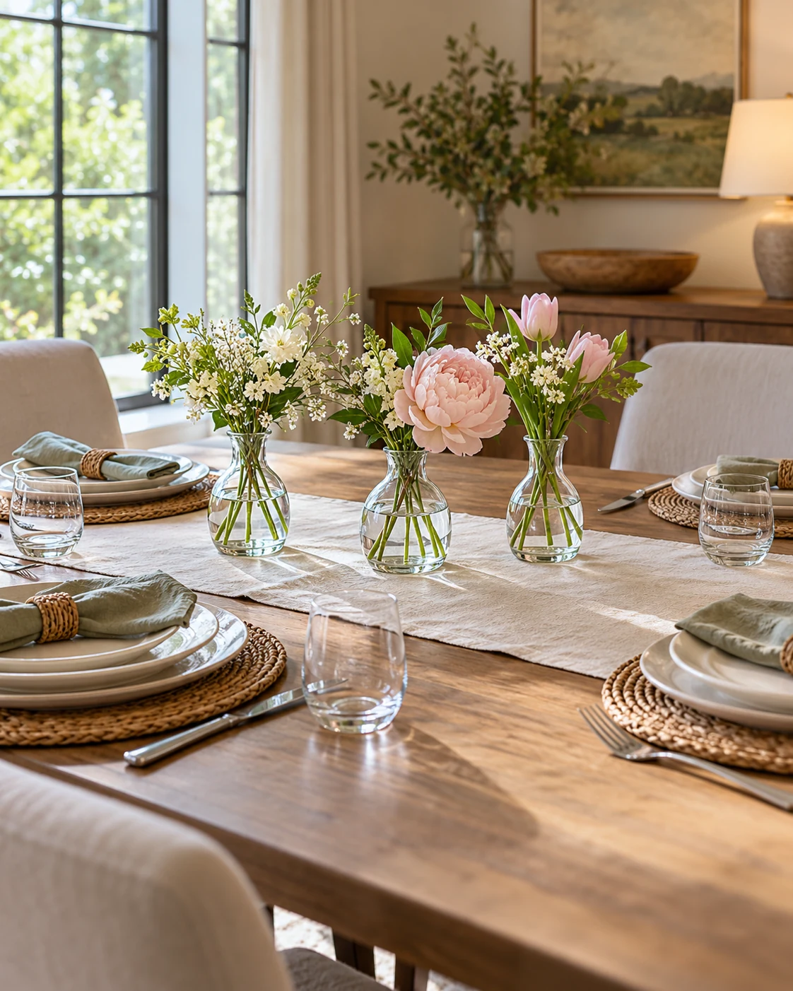 Illustrative concept: three short vases instead of one tall bouquet.