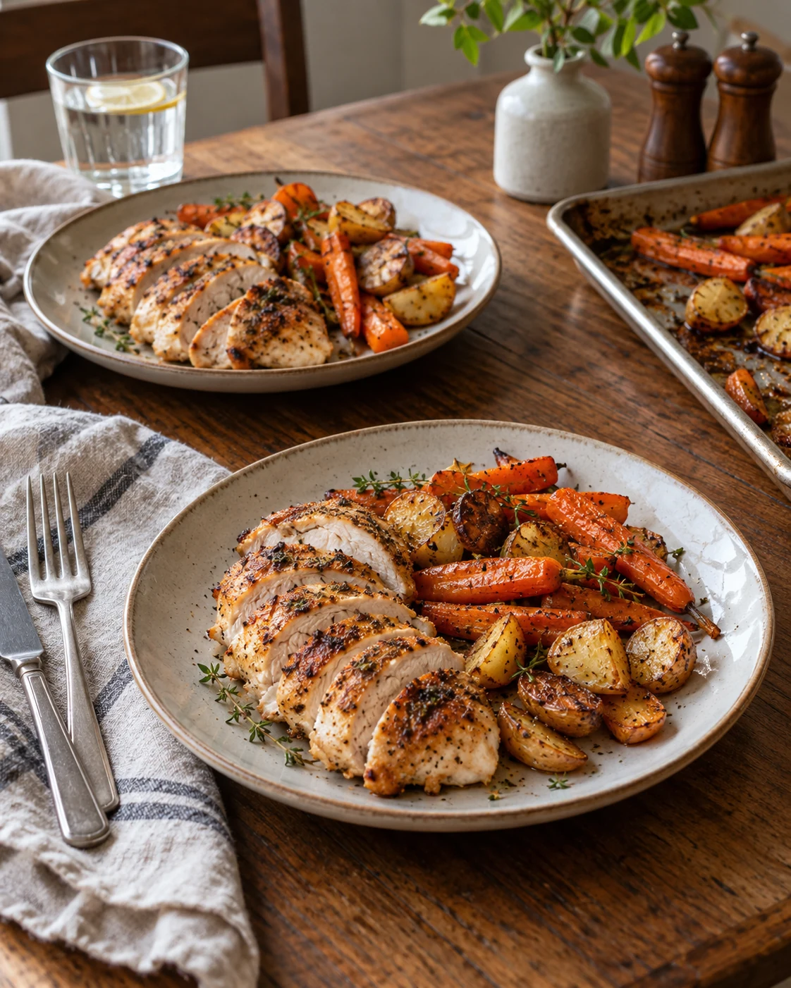 Illustrative concept: lemon chicken with a small vegetable pan.