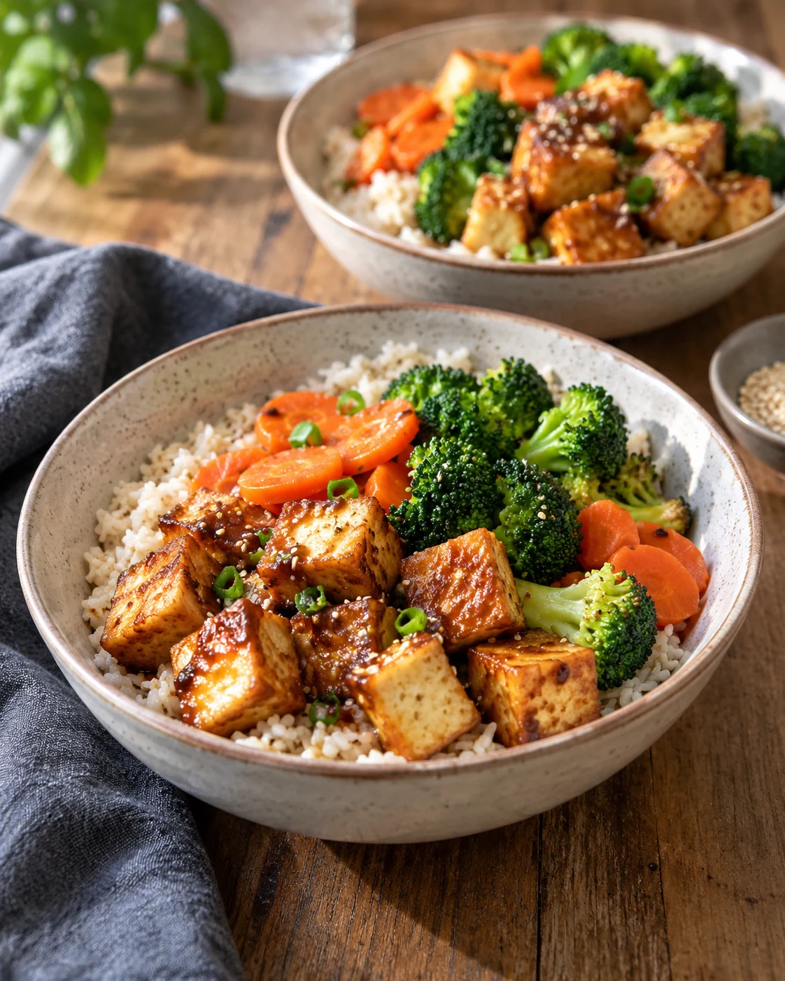 Illustrative concept: tofu bowls with crisp vegetables.