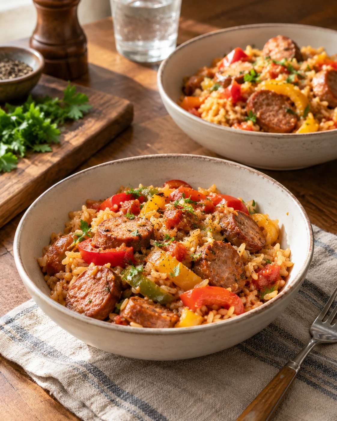 Illustrative concept: sausage and peppers with rice.