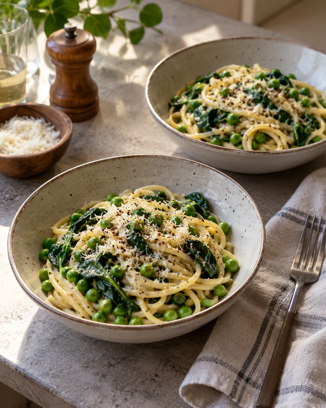 Illustrative concept: pea and spinach pasta.