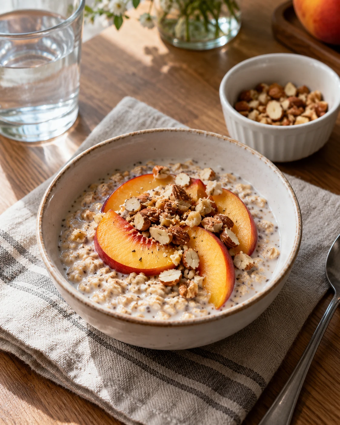 Illustrative concept: peach with separate toasted nuts.