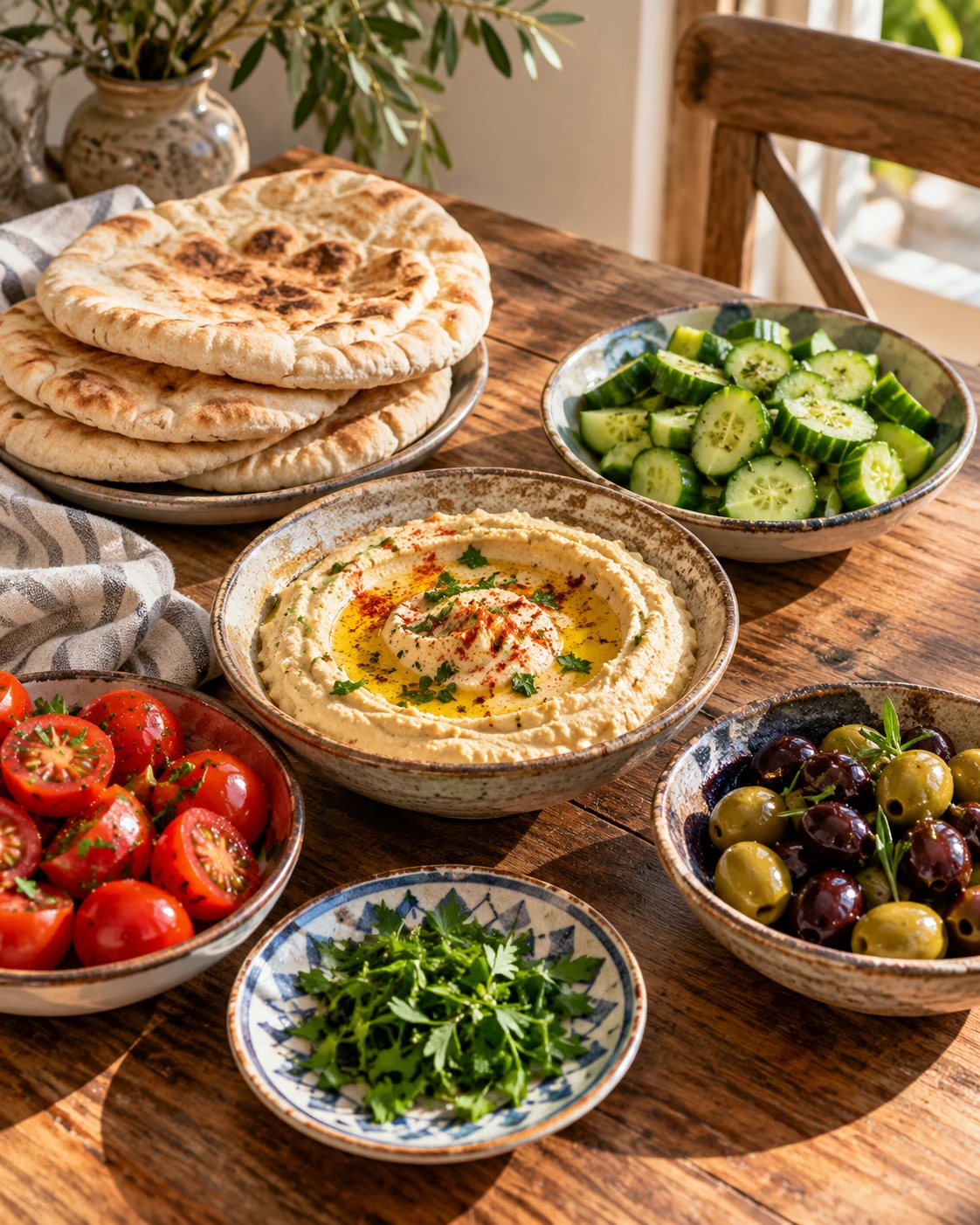 Illustrative concept: a savory hummus-and-pita brunch.