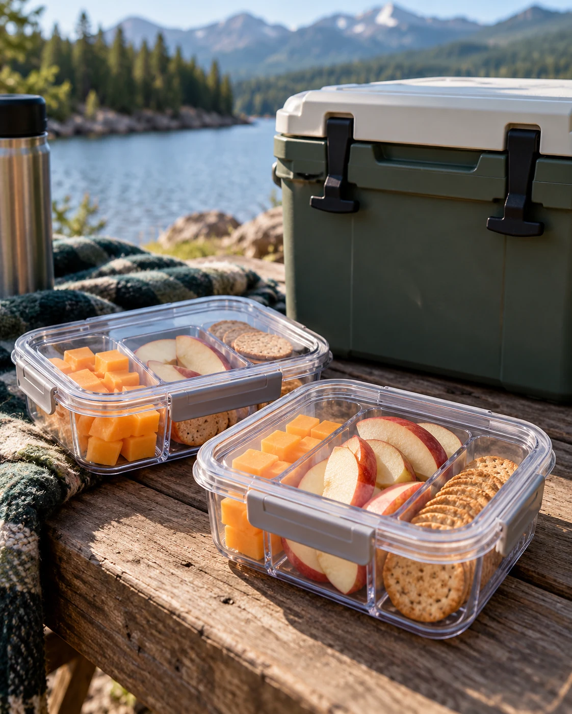 Illustrative concept: cheddar and apple lunch boxes.