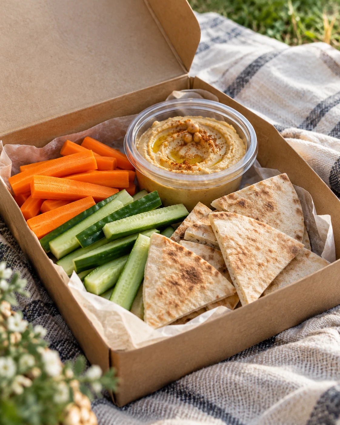 Illustrative concept: hummus with sturdy vegetable sticks.