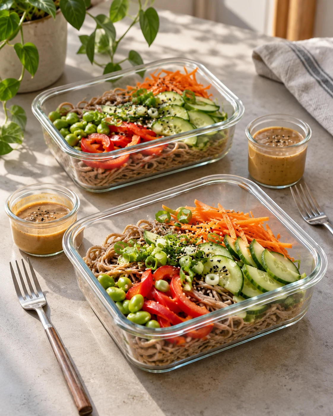 Illustrative concept: cold noodle bowls with room to toss.