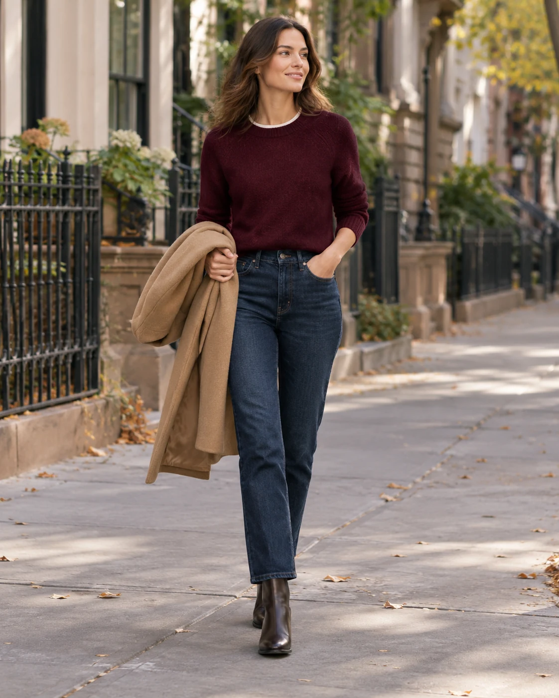 Illustrative outfit concept: a burgundy knit over a simple base.