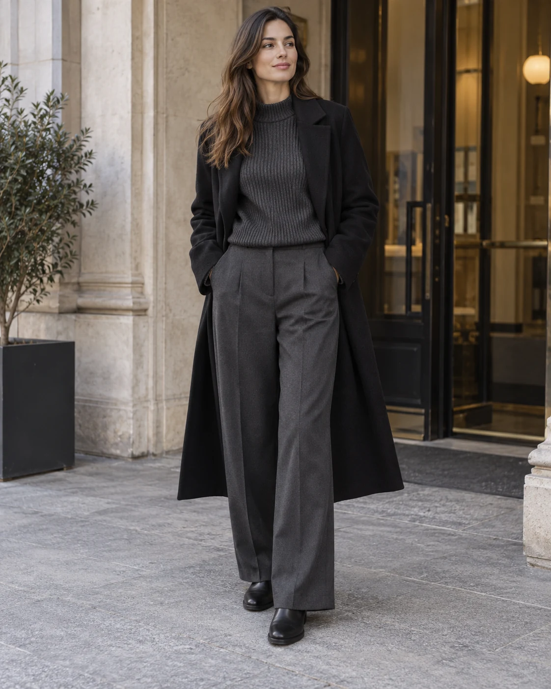 Illustrative outfit concept: charcoal layers with different textures.
