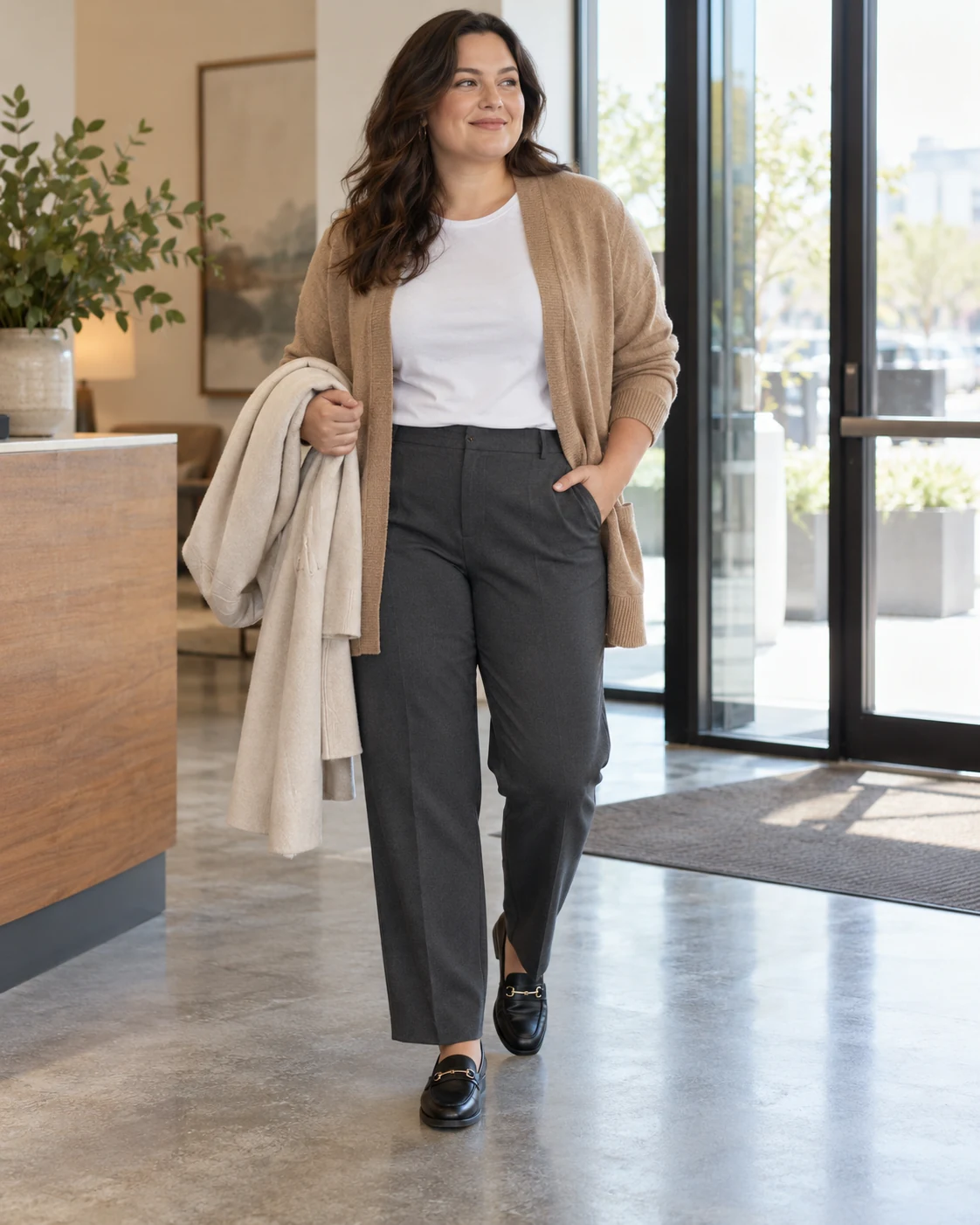 Illustrative outfit concept: trousers with an open cardigan.