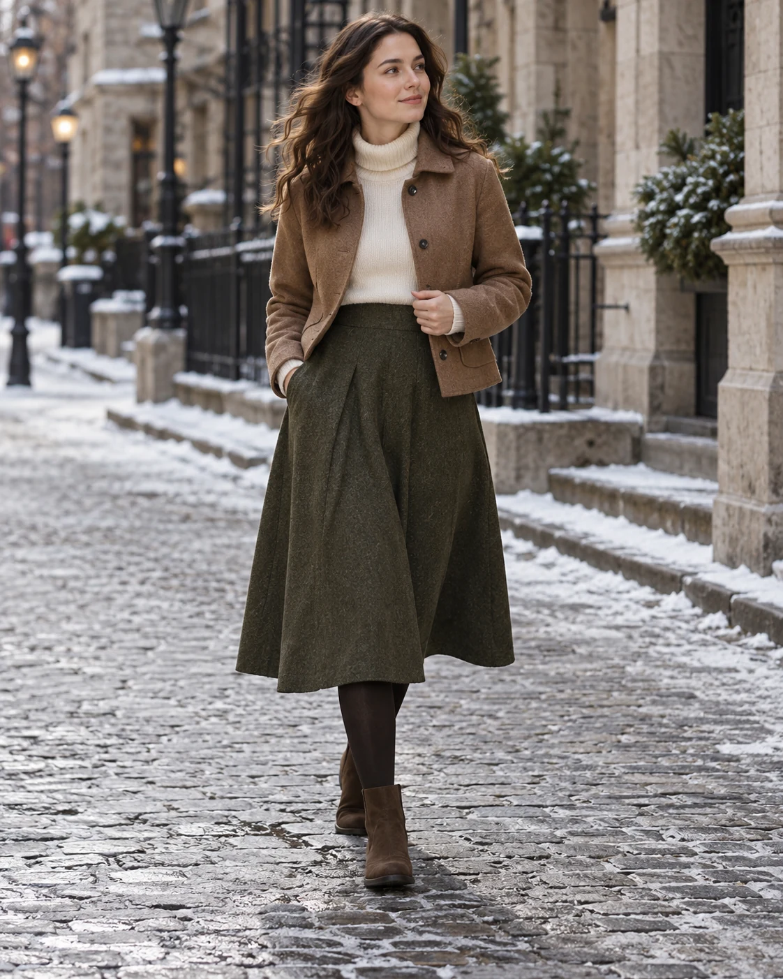 Illustrative outfit concept: a skirt with a practical boot pairing.