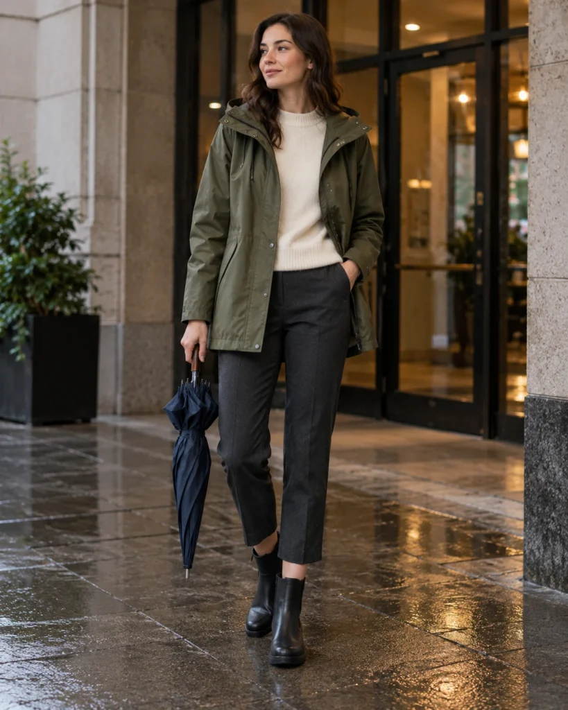 Illustrative outfit concept: a rain shell over a simple commute outfit.