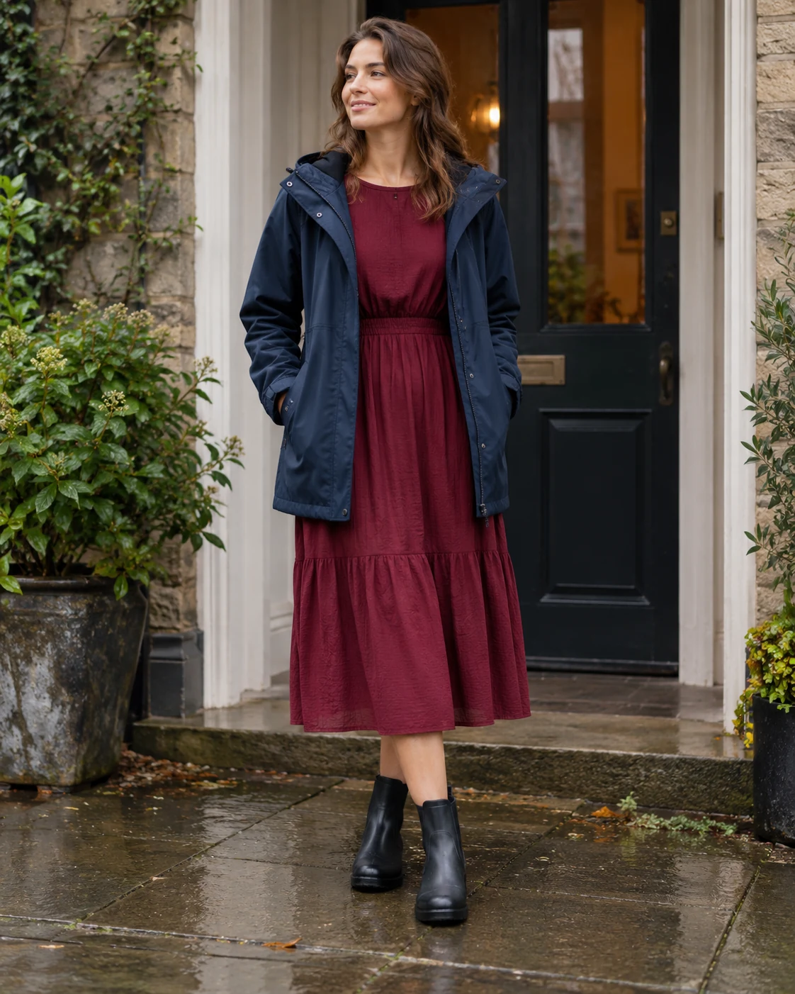Illustrative outfit concept: a midi dress that clears the wet ground.