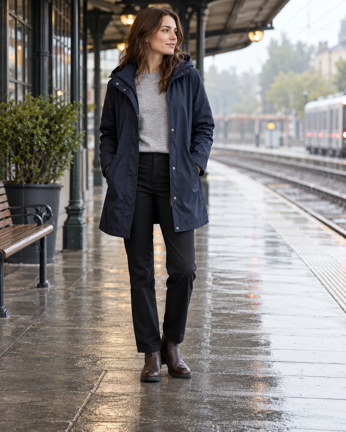 Illustrative outfit concept: a longer shell with slim layers.