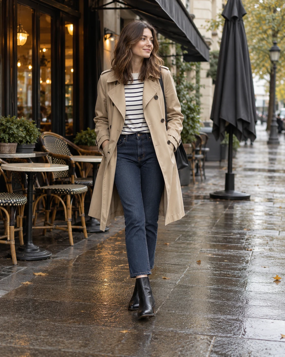 Illustrative outfit concept: a trench for short covered stretches.