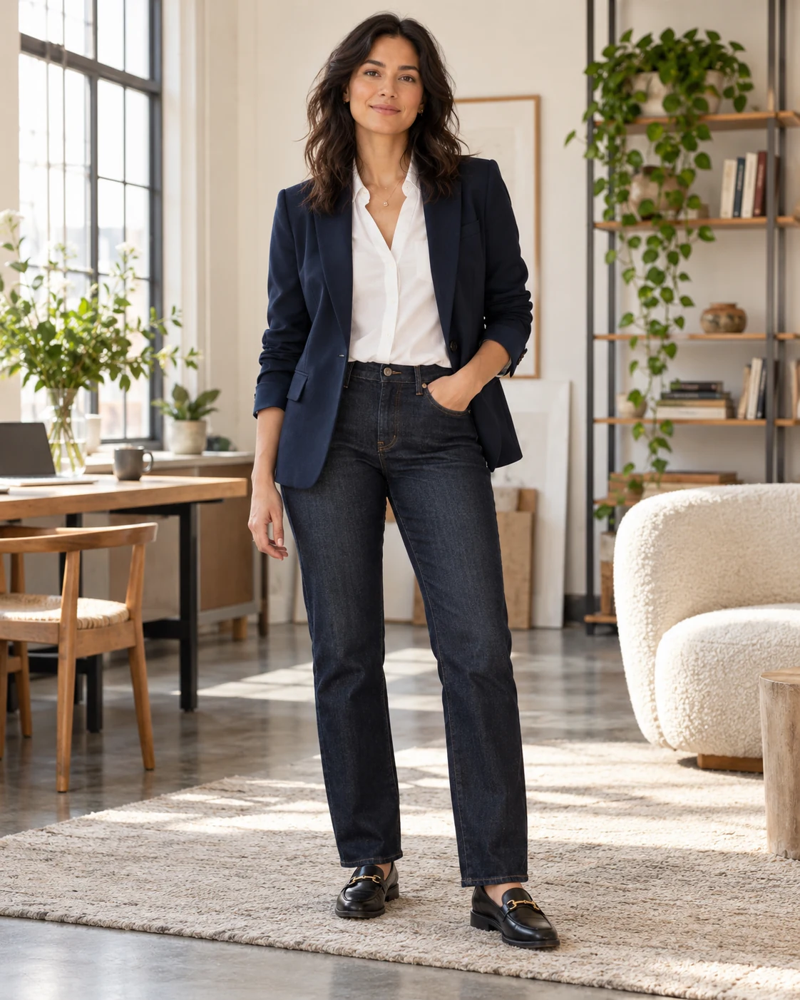 Illustrative concept: dark jeans only where the code allows them.