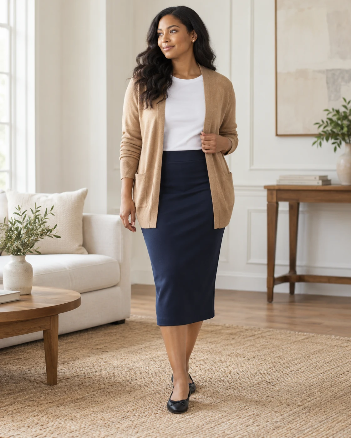 Illustrative concept: a fitted skirt and soft cardigan.