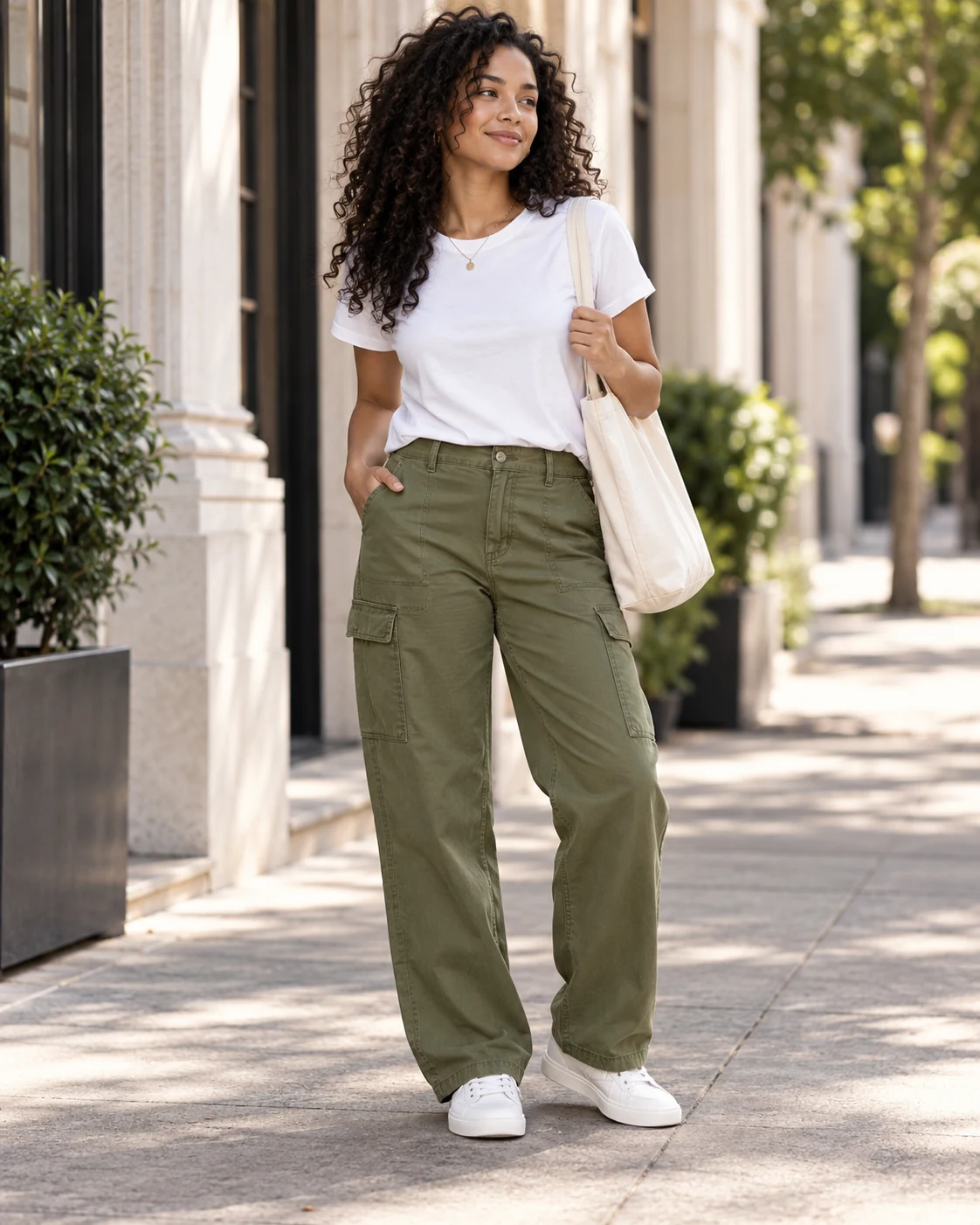 Illustrative concept: olive cargo trousers with clean sneakers.