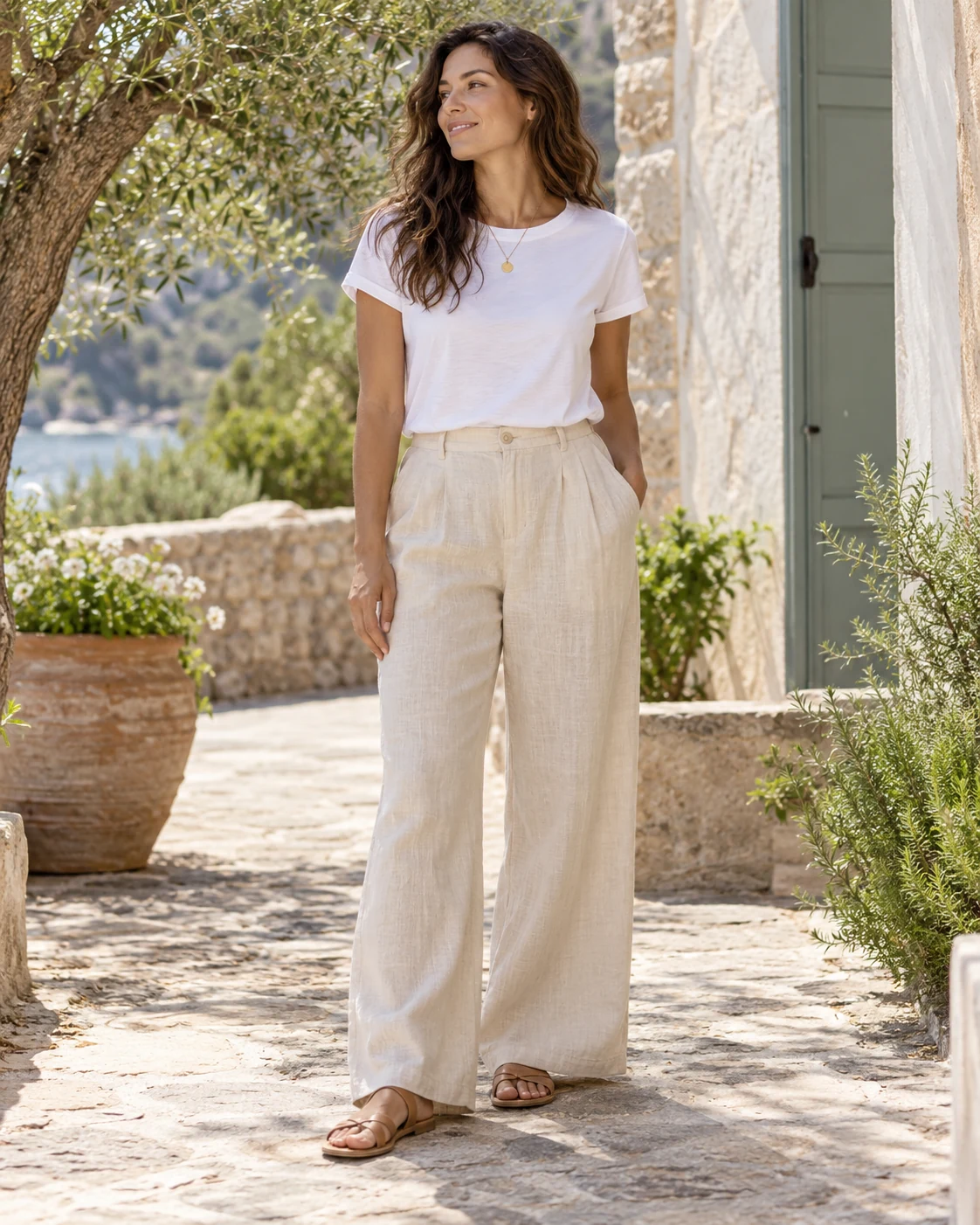 Illustrative concept: wide linen-blend trousers and sandals.