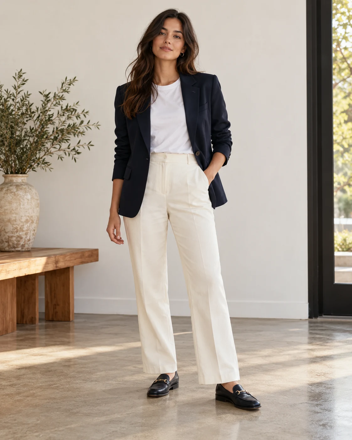 Illustrative concept: cream trousers with a dark blazer.
