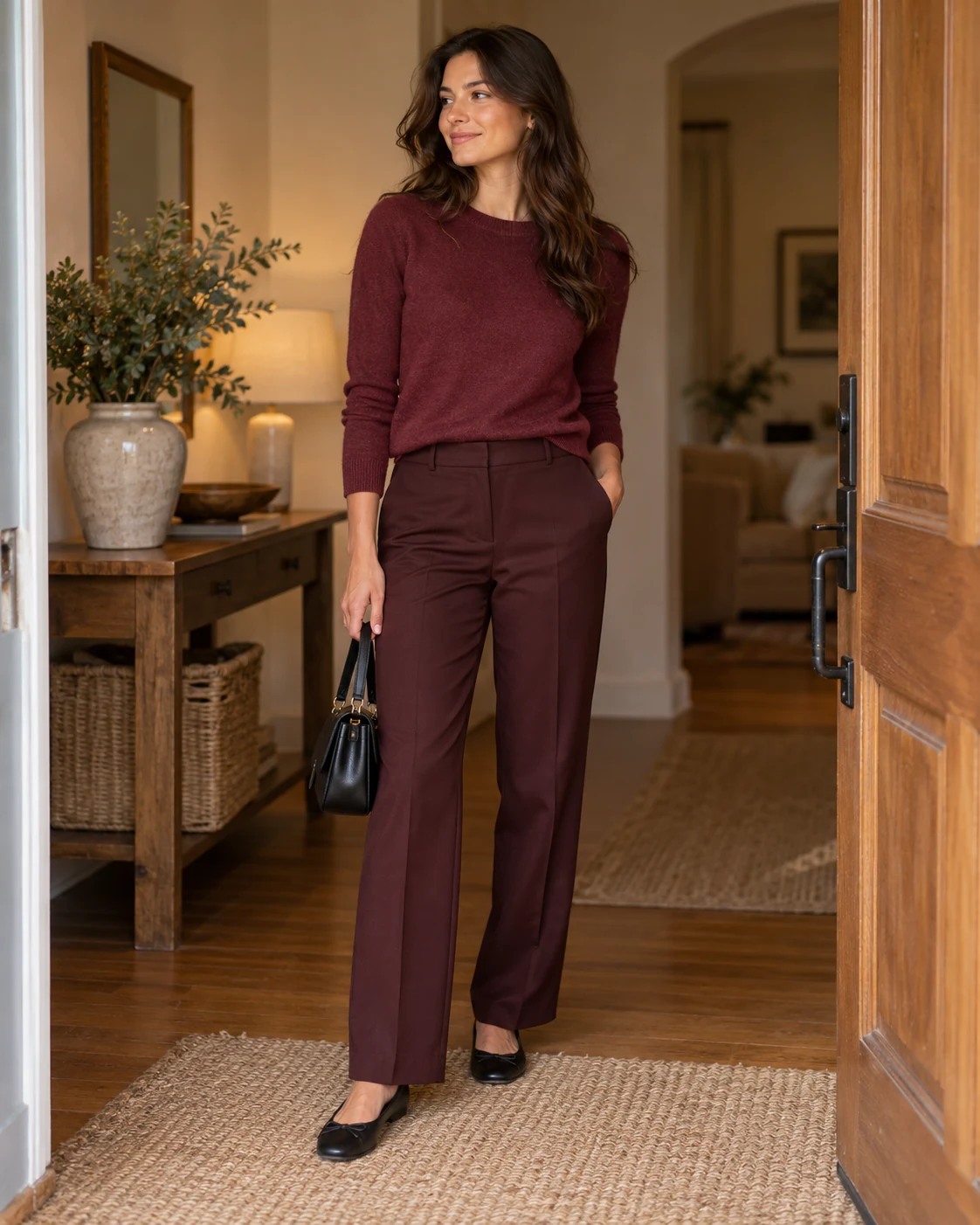 Illustrative outfit concept: two burgundy textures together.