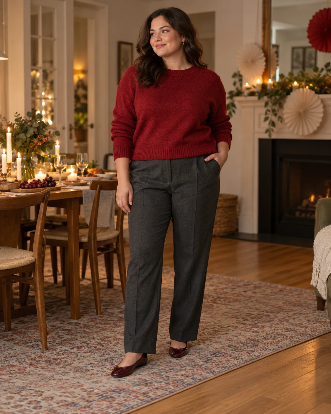 Illustrative outfit concept: a colorful knit with tailored trousers.