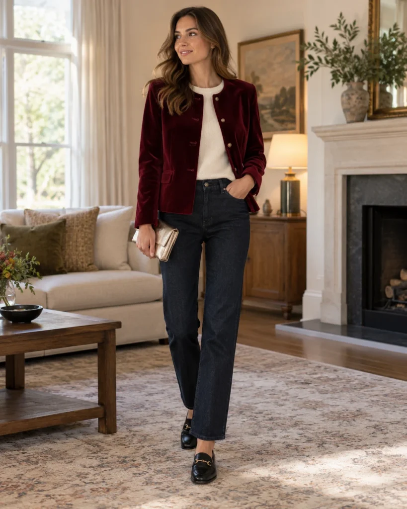 Illustrative outfit concept: a velvet jacket with dark denim.