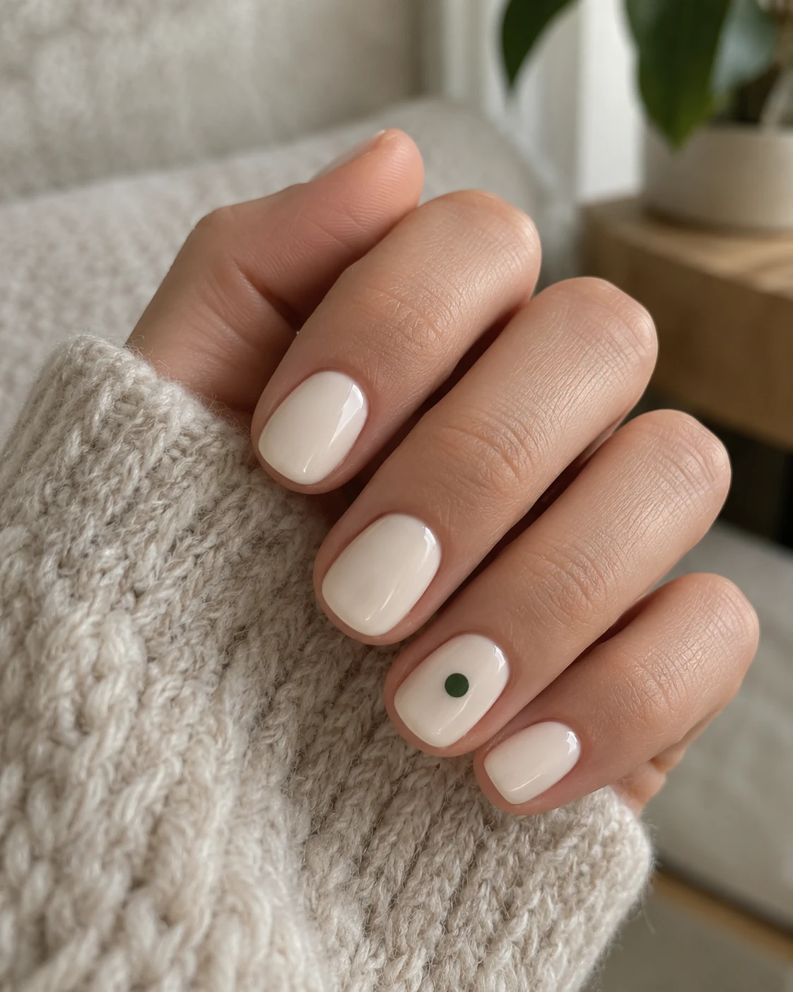 Illustrative nails concept: a tiny green dot on a cream base.