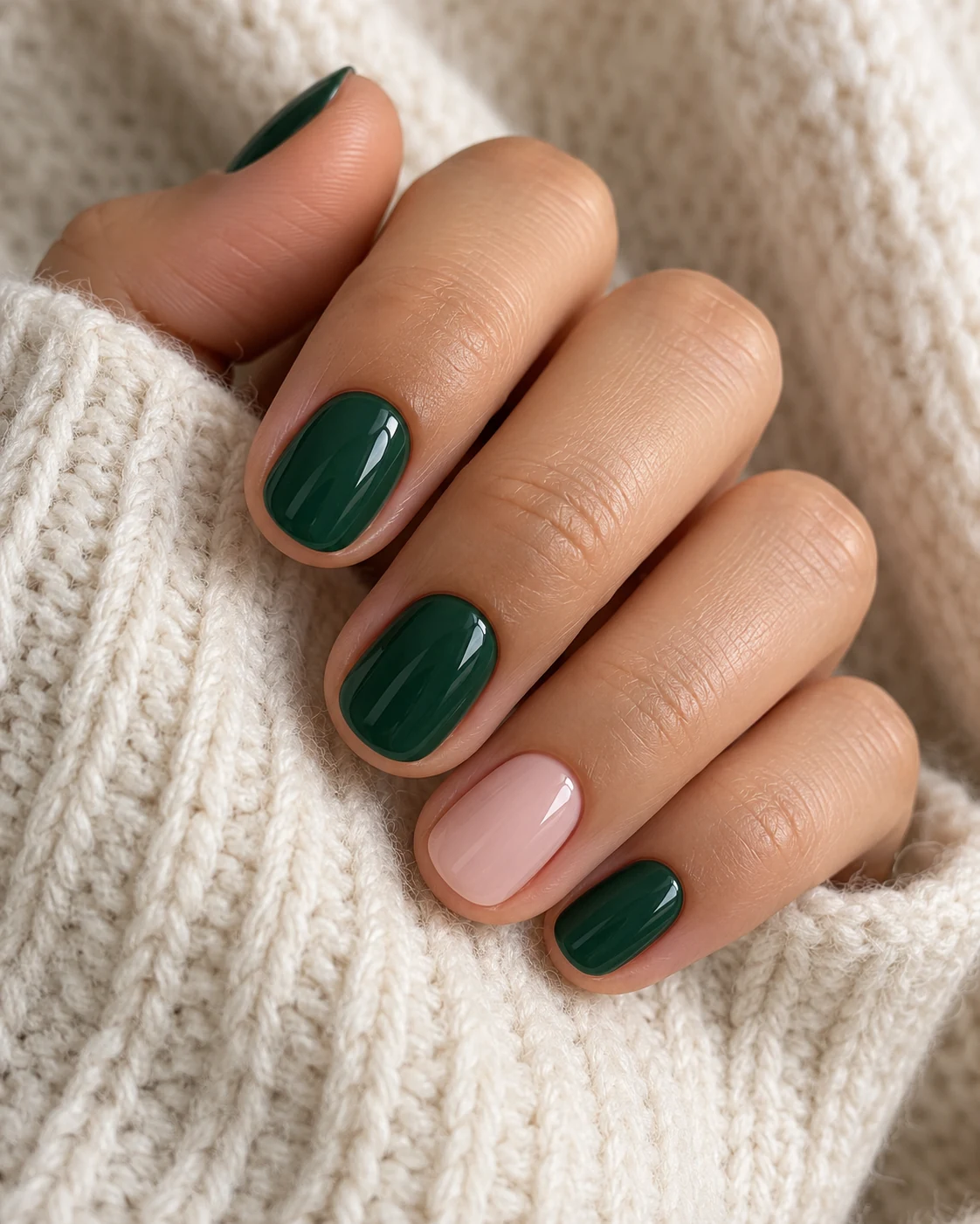 Illustrative nails concept: one pale nail beside deep green.